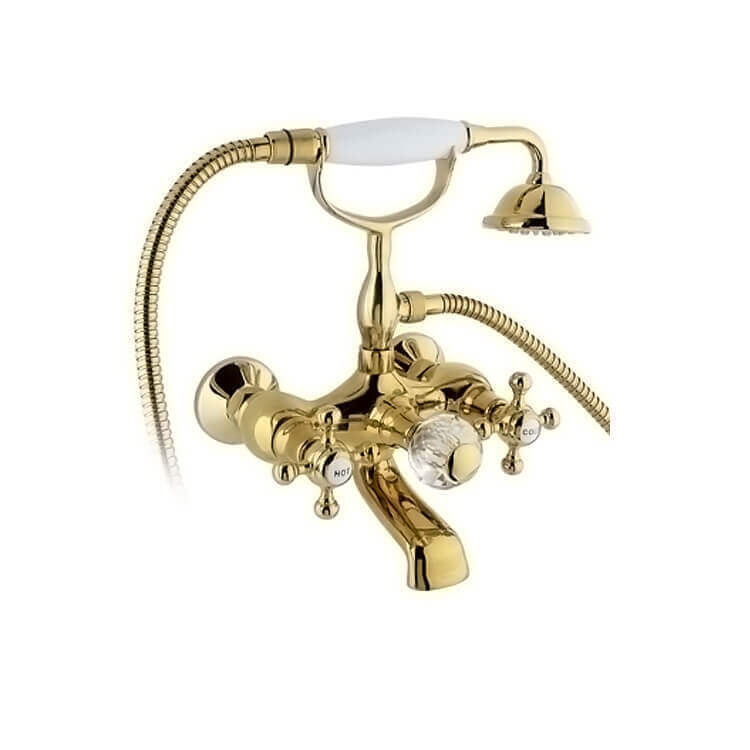Смеситель для ванны и душа Timo Nelson 1914/07Y-CR Gold двухвентильный с лейкой и шлангом, настенное крепление, латунь